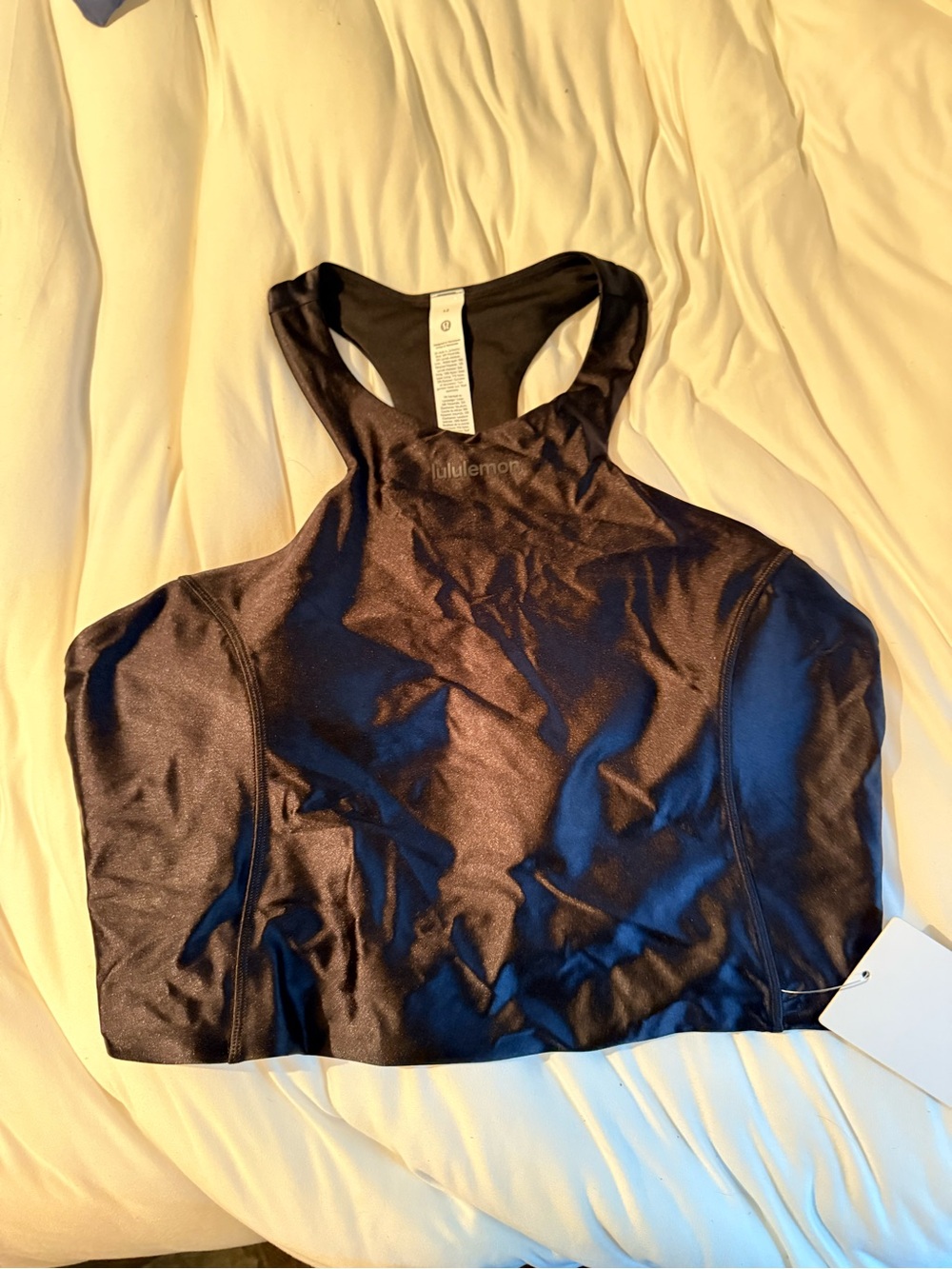 Lululemon Black Satin High Neck Racerback Sports Bra